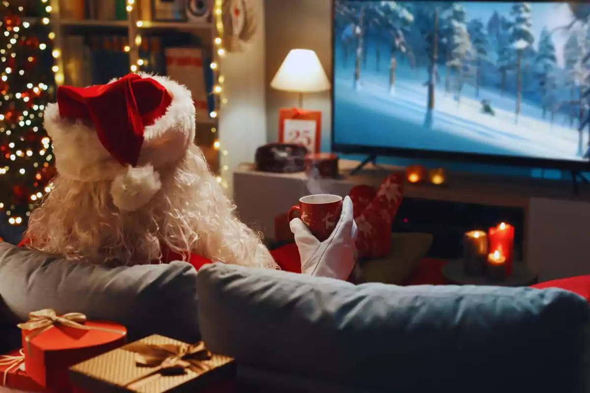 Una persona vestida de Santa Claus está sentada en un sofá viendo televisión con una taza en la mano rodeada de decoraciones navideñas y luces.