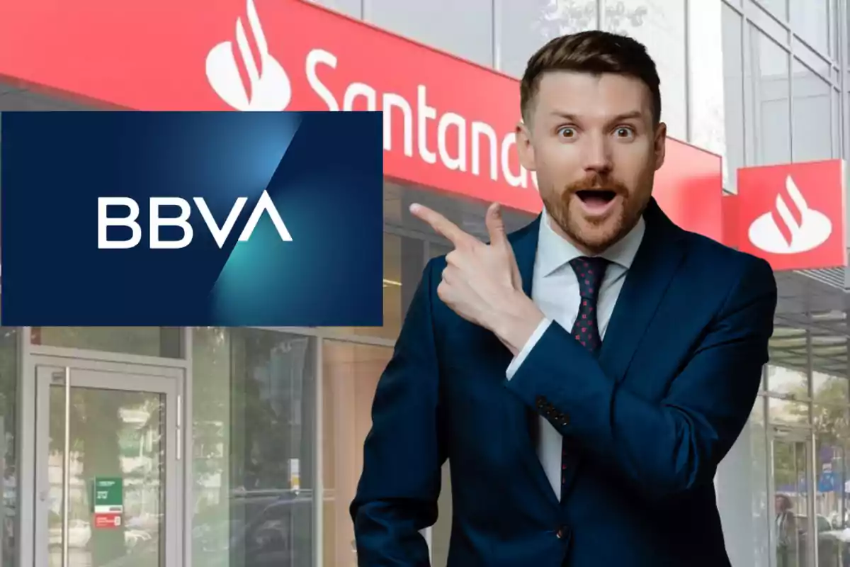 Un home sorprès assenyala un logotip de BBVA davant d'una sucursal de Santander.