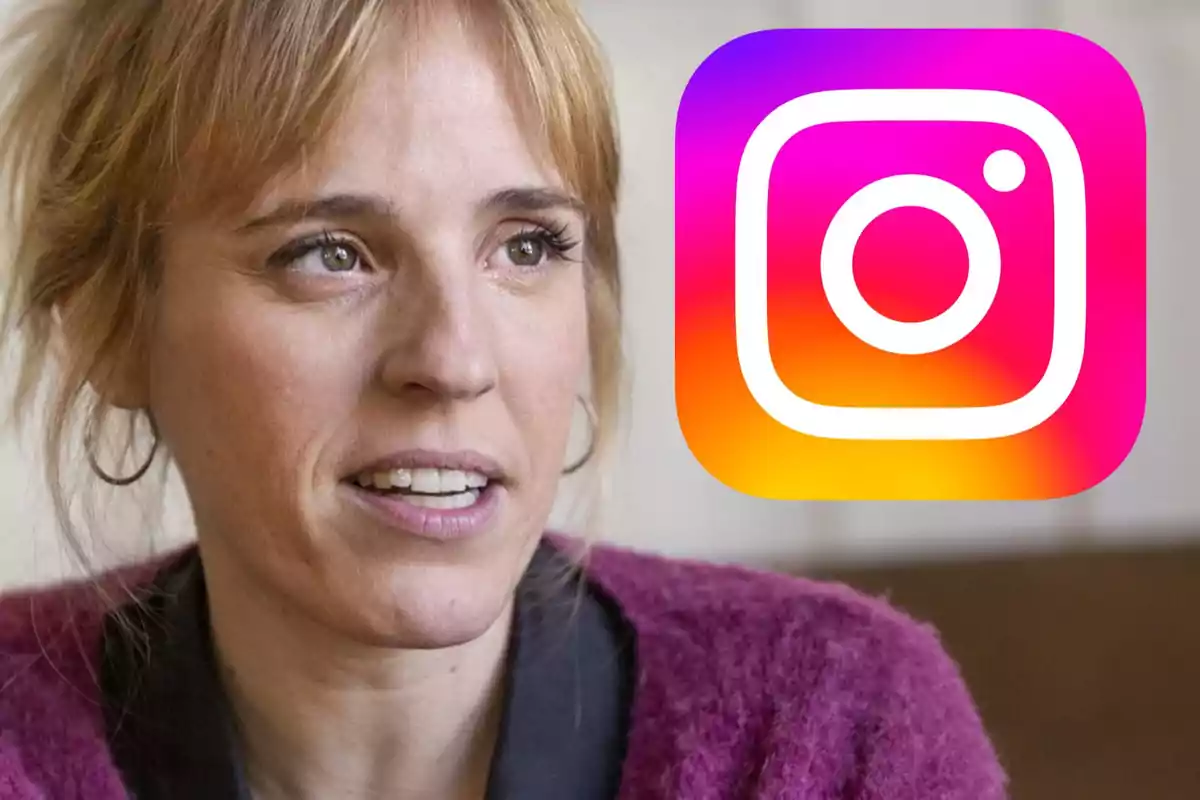 Mujer rubia con suéter morado y el logo de Instagram en la esquina superior derecha.