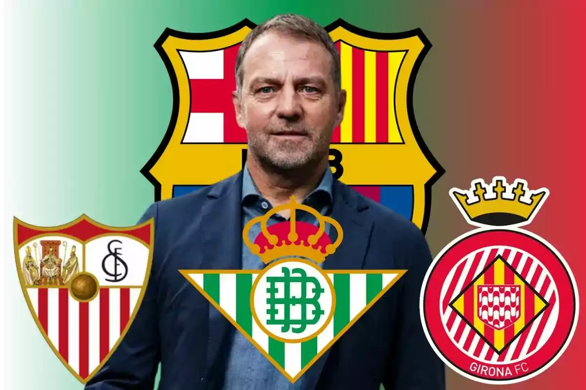 Un home amb vestit fosc i camisa blava és davant dels escuts dels equips de futbol Sevilla FC, Reial Betis, FC Barcelona i Girona FC.