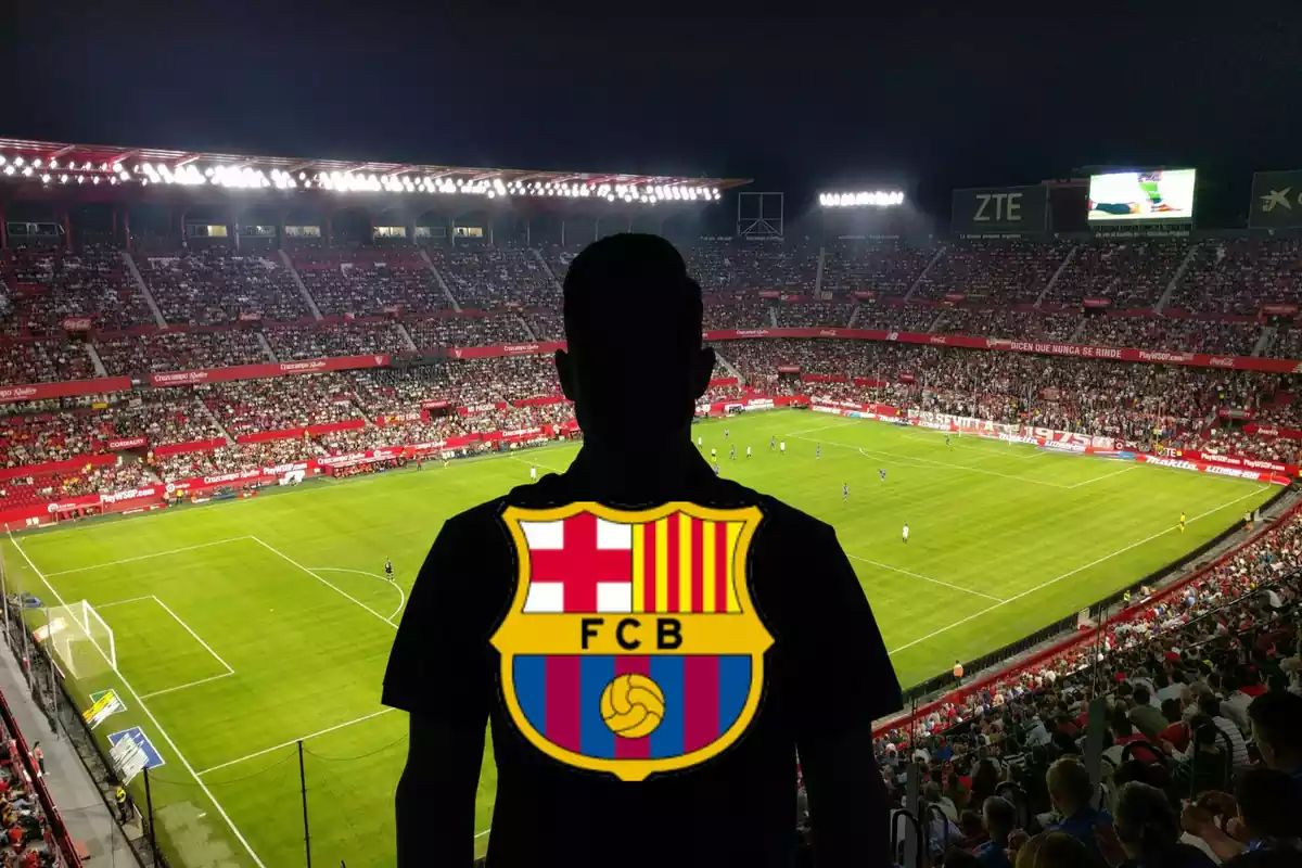 Muntatge amb l'Estadi Sánchez Pizguán i una ombra negra al centre amb l'escut del FC Barcelona