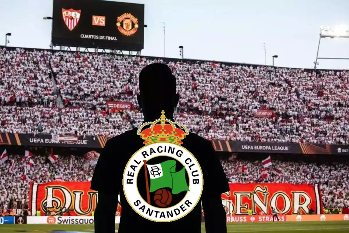 Montage amb l'estadi Sánchez Pizguán, amb una ombra negra al centre i l'escut del Racing de Santander