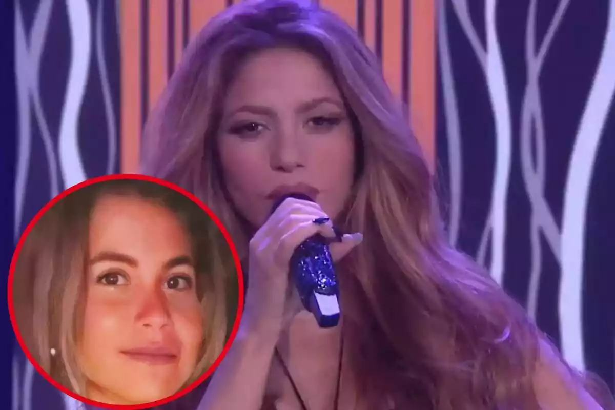 Muntatge amb una imatge de Shakira cantant ia la cantonada inferior esquerra, dins d'un cercle, la cara de Clara Chía