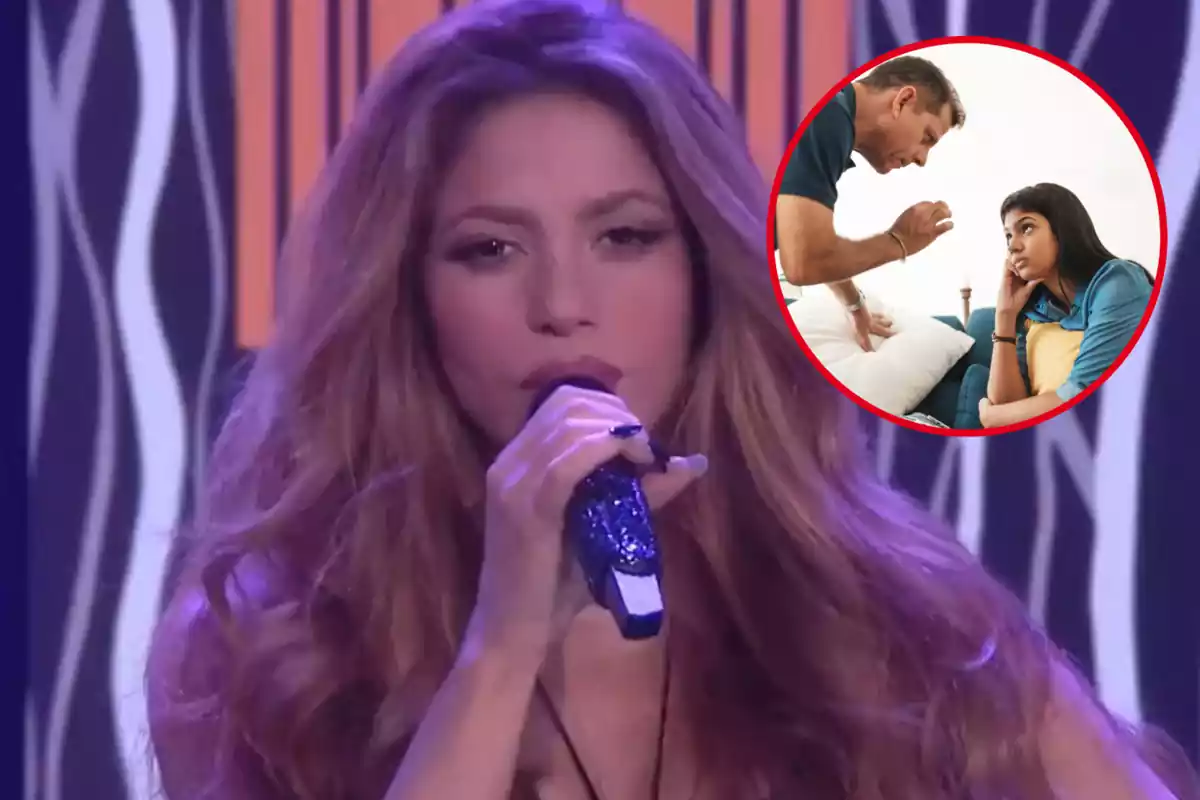 Muntatge amb una imatge de Shakira durant un concert. A la dreta una imatge amb un pare aconsellant la filla