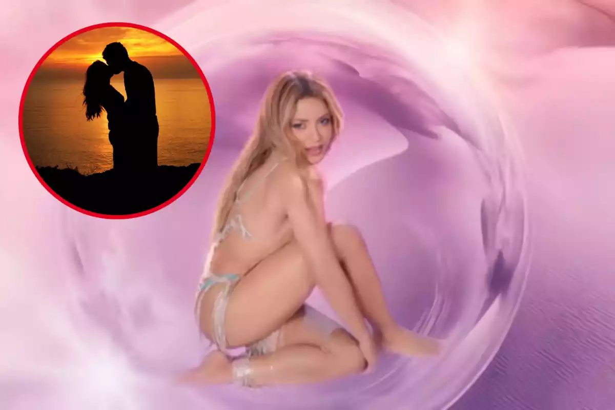 Muntatge amb una imatge de Shakira al videoclip "Punteria". A l'esquerra una imatge amb una parella fent-se un petó