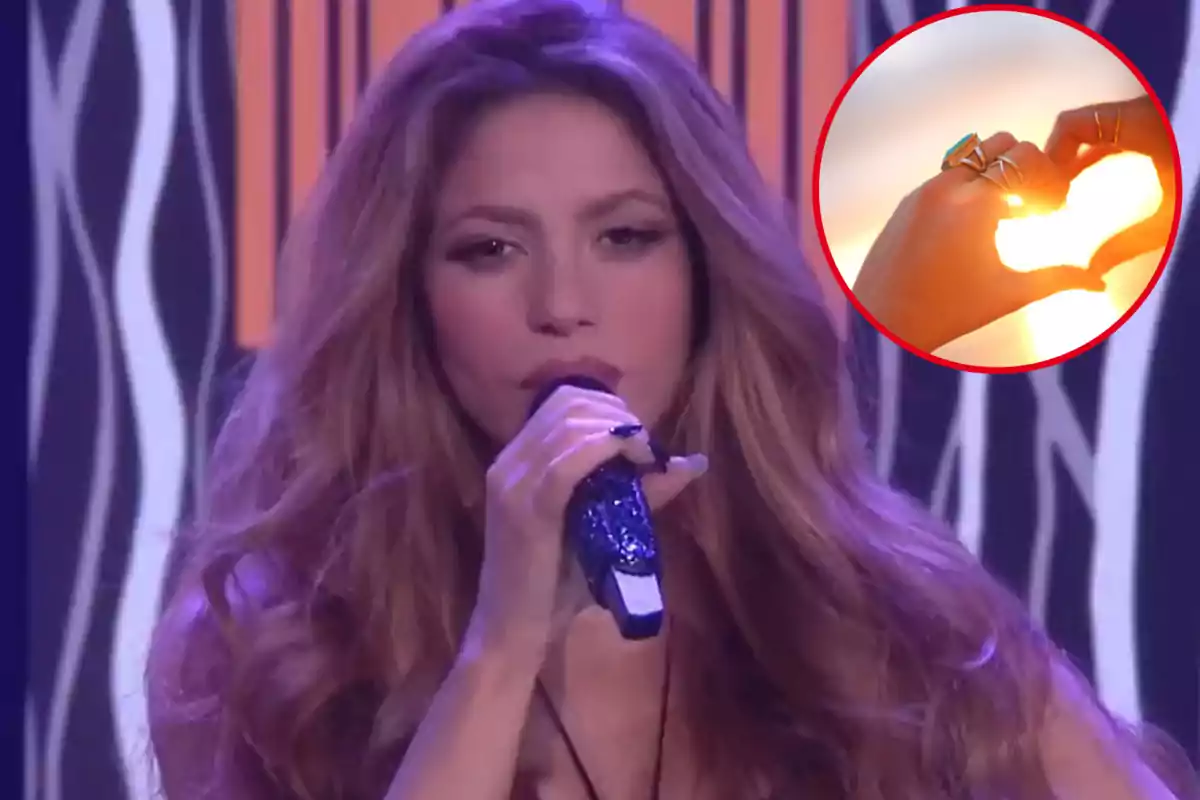 Muntatge amb una imatge de Shakira durant un concert. A la dreta, una imatge amb unes mans formant la forma d'un cor