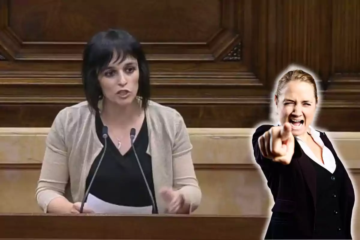 Muntatge amb una imatge de Sílvia Orriols al Parlament. A la dreta, una imatge d'una dona assenyalant orgullosa