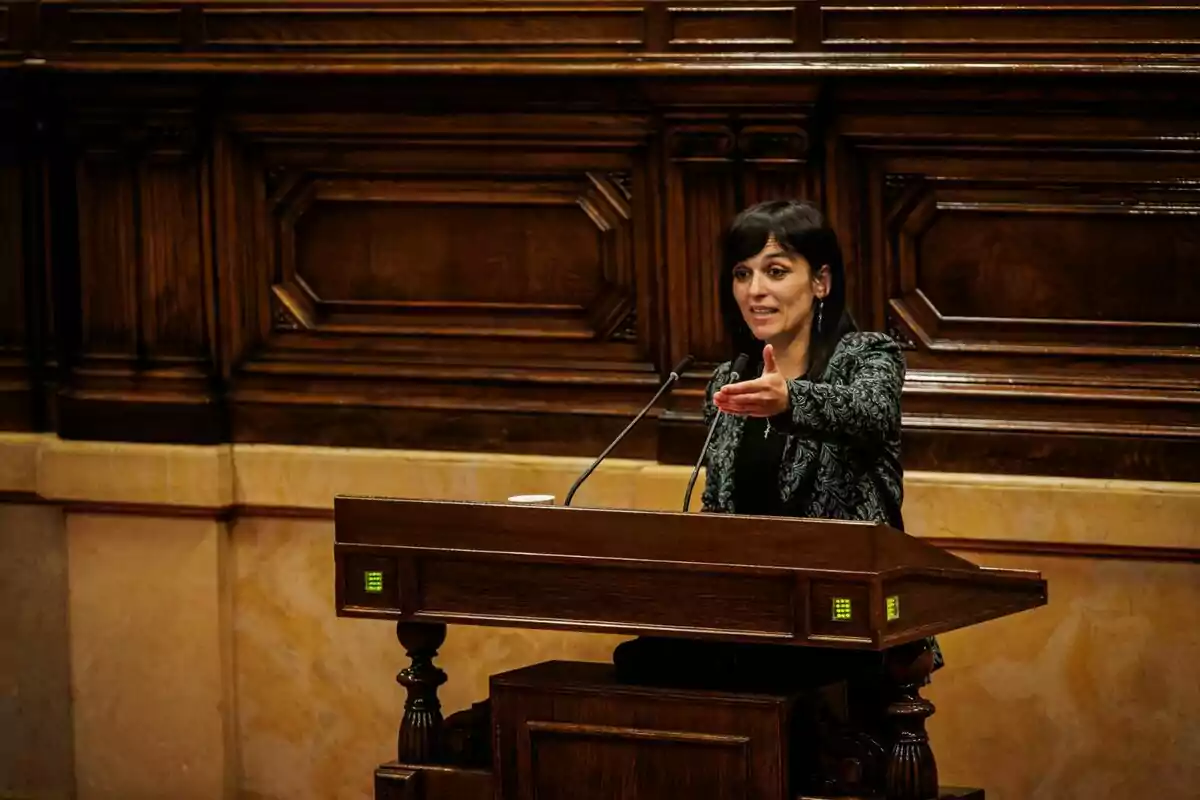 Una persona parlant en un faristol de fusta en un entorn formal.