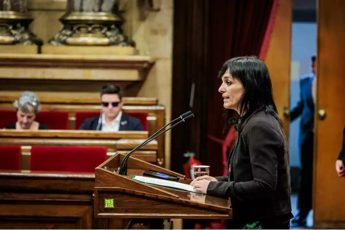 Dona parlant en un faristol de fusta en una sala parlamentària amb persones assegudes al fons i una porta oberta a la dreta