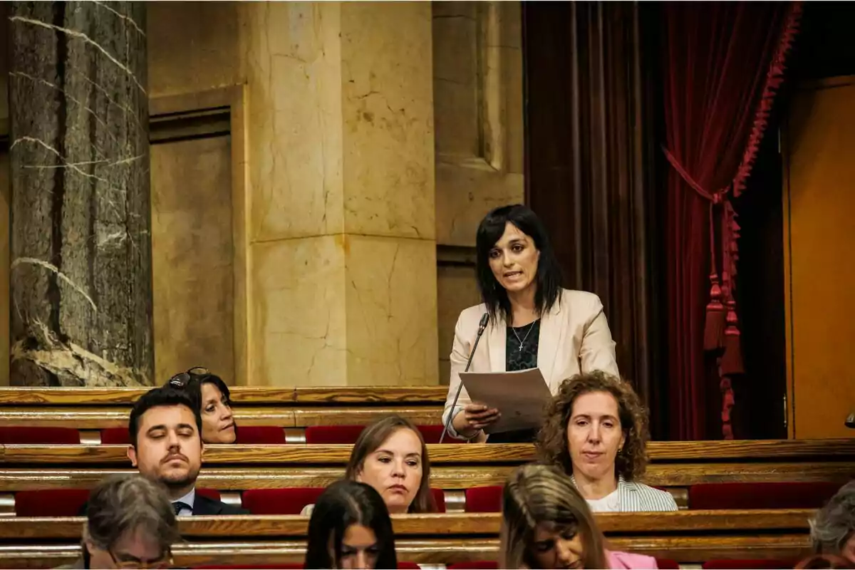 Dona de cabells foscos parlant dreta amb papers a la mà en un parlament mentre altres persones l’escolten assegudes