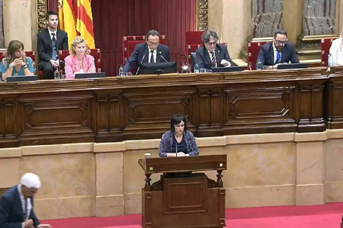 Una dona parlant en un podi en una sala de govern amb diverses persones assegudes darrere seu.