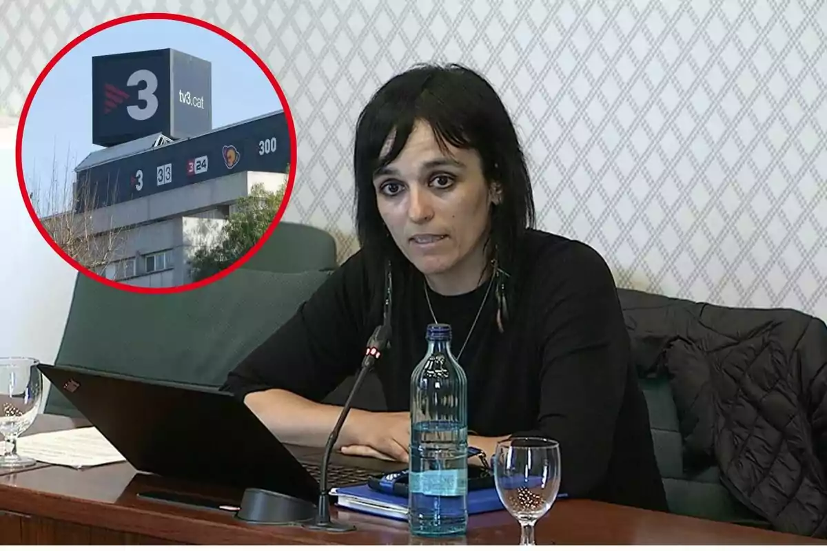 Una dona està asseguda davant d?un micròfon i un ordinador portàtil en una sala de reunions, mentre que en un requadre es mostra l?edifici de TV3.