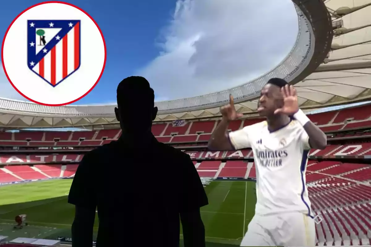 Muntatge amb l'estadi Wanda Metropolitano on es veu una figura negra, a la dreta Vinicius Junior i un cercle amb l'escut de l'Atlètic de Madrid a dalt a l'esquerra