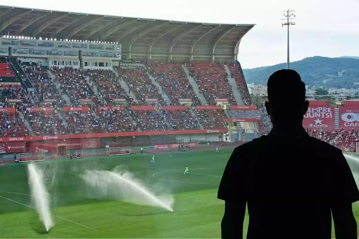 Muntatge amb una imatge de l'estadi de Son Moix ia la dreta una ombra negra d'home que representa el futbolista que renova
