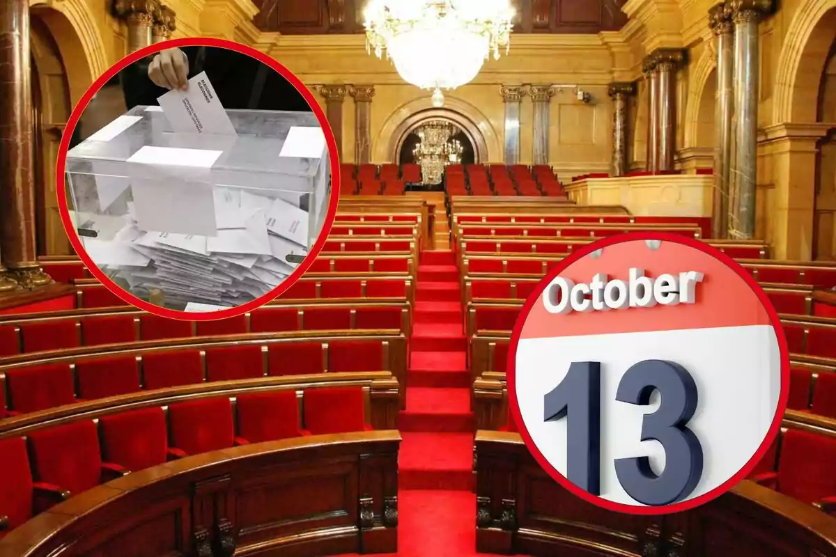 Una urna de votació i un calendari amb data 13 d'octubre sobreposats en una imatge d'un parlament buit.