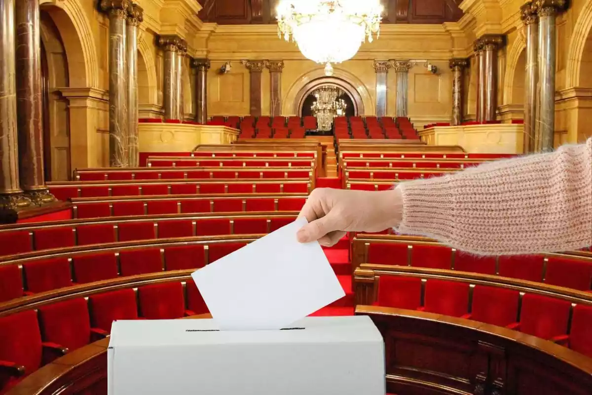 Muntatge amb una imatge del Parlament de Catalunya i en primer terme una persona ficant una papereta a una urna