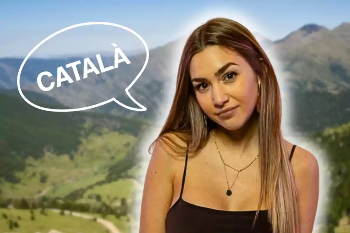 Joven con cabello largo y liso frente a un paisaje montañoso con un bocadillo que dice CATALÀ