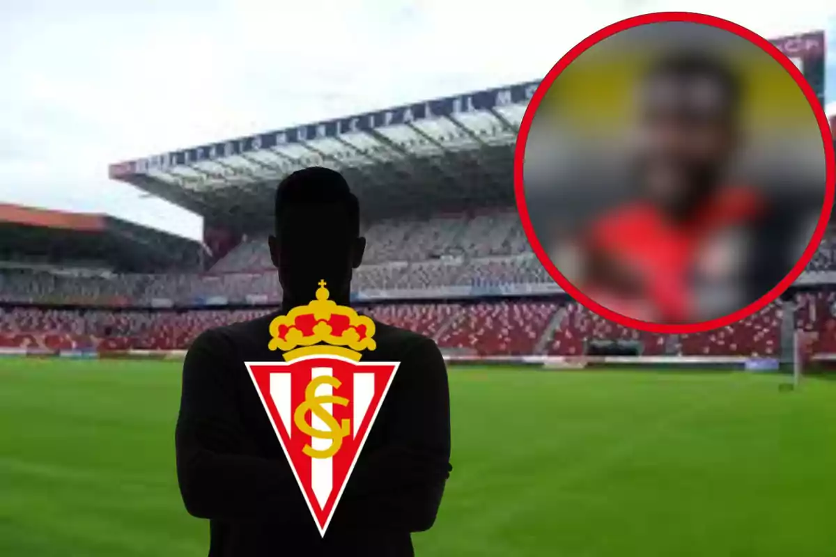 Silueta d'una persona amb el logotip de l'Sporting de Gijón en un estadi de futbol amb una imatge borrosa en un cercle vermell a la cantonada superior dreta.