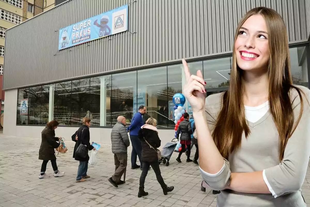 Una mujer sonriente señala hacia un supermercado Aldi mientras varias personas caminan hacia la entrada.