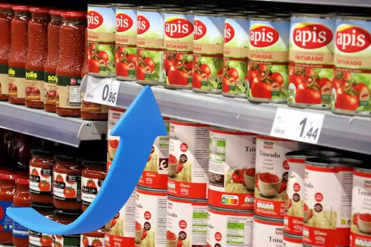 Muntatge amb una imatge de llaunes de tomàquet en un supermercat i una fletxa blava cap amunt