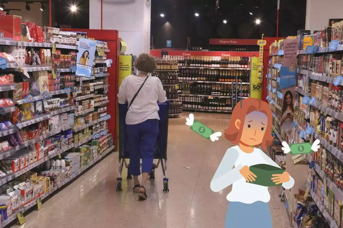 Muntatge amb una imatge d'una dona, d'esquena, comprant al supermercat. A la dreta, el dibuix d'una dona preocupada per la manca de diners