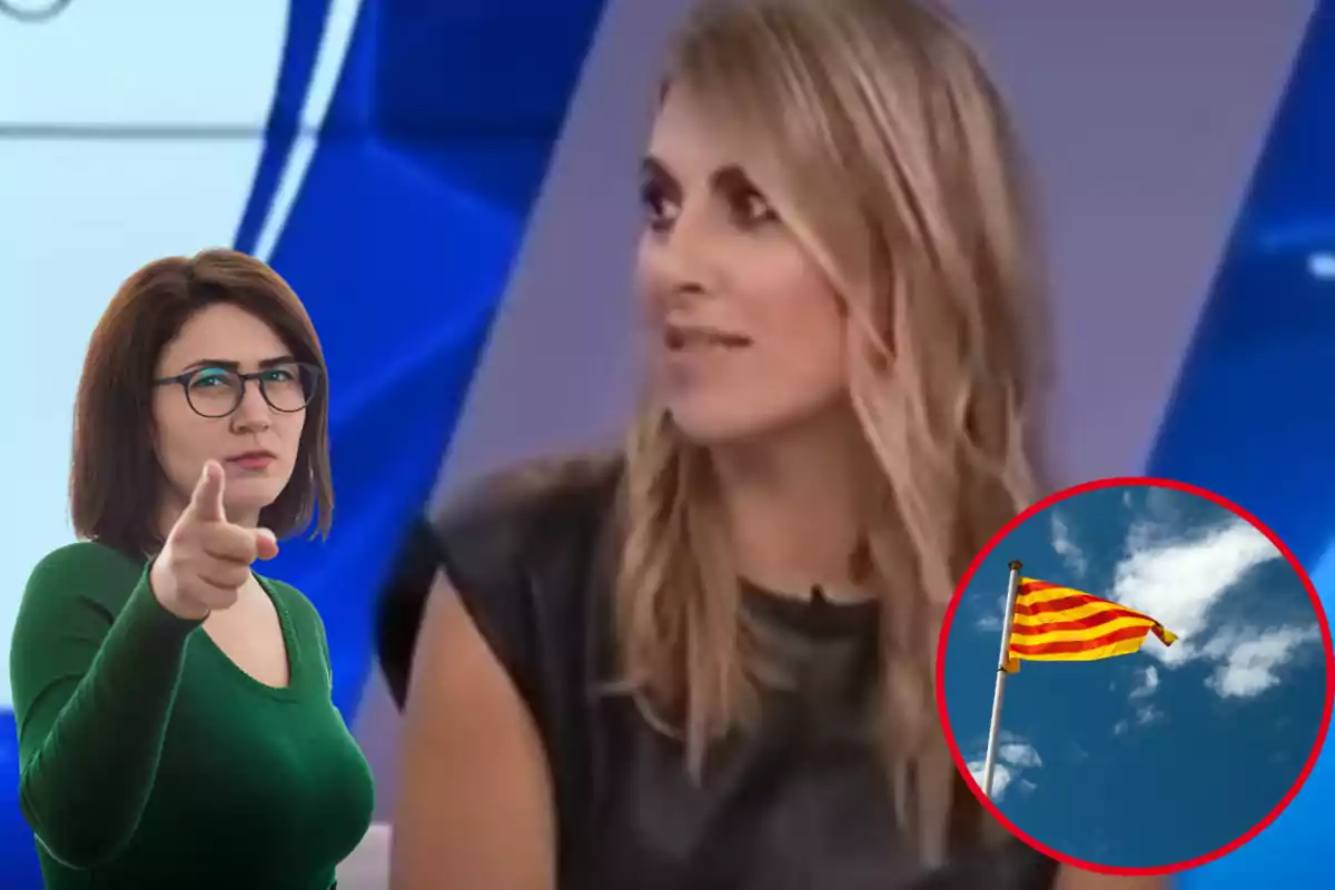 Muntatge amb una imatge de Susana Guasch durant una intervenció televisiva. A l'esquerra, una imatge amb una dona assenyalant. A la dreta una imatge amb una bandera catalana