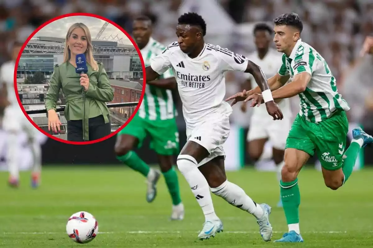 Un partit de futbol entre el Reial Madrid i el Reial Betis amb una reportera en un requadre.