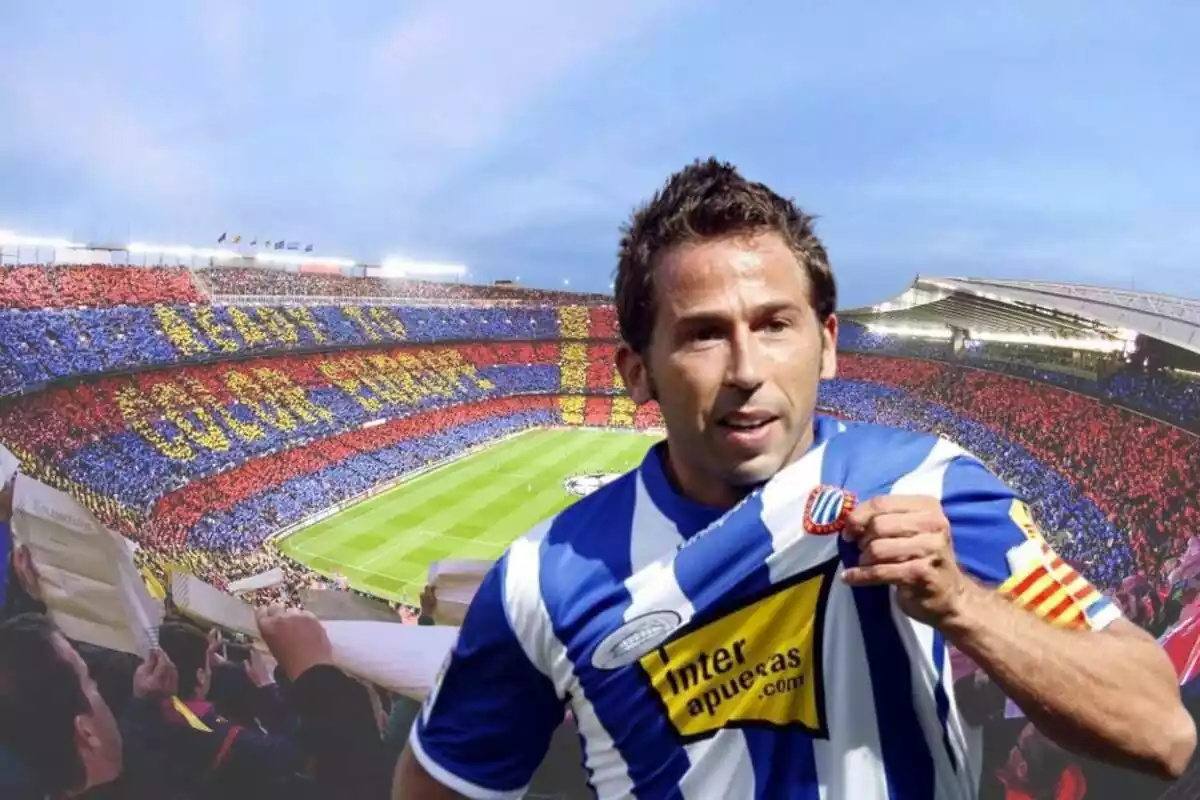 Muntatge amb una imatge de Raul Tamudo en primer terme i de fons el Camp Nou ple