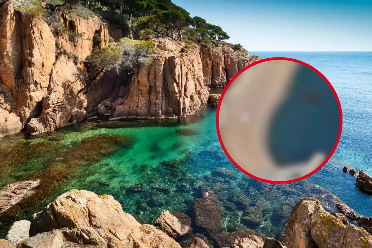 Una imatge d´un penya-segat rocós al costat d´un mar d´aigües cristal·lines i color turquesa, amb un cercle vermell ampliant una secció borrosa de la imatge.