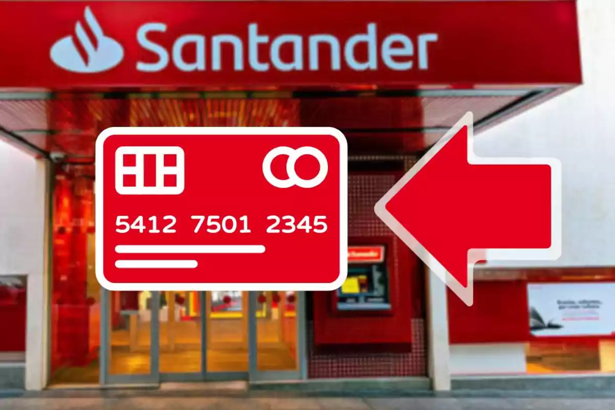 Targeta bancària vermella amb una fletxa que apunta cap a l’entrada d’una sucursal Santander