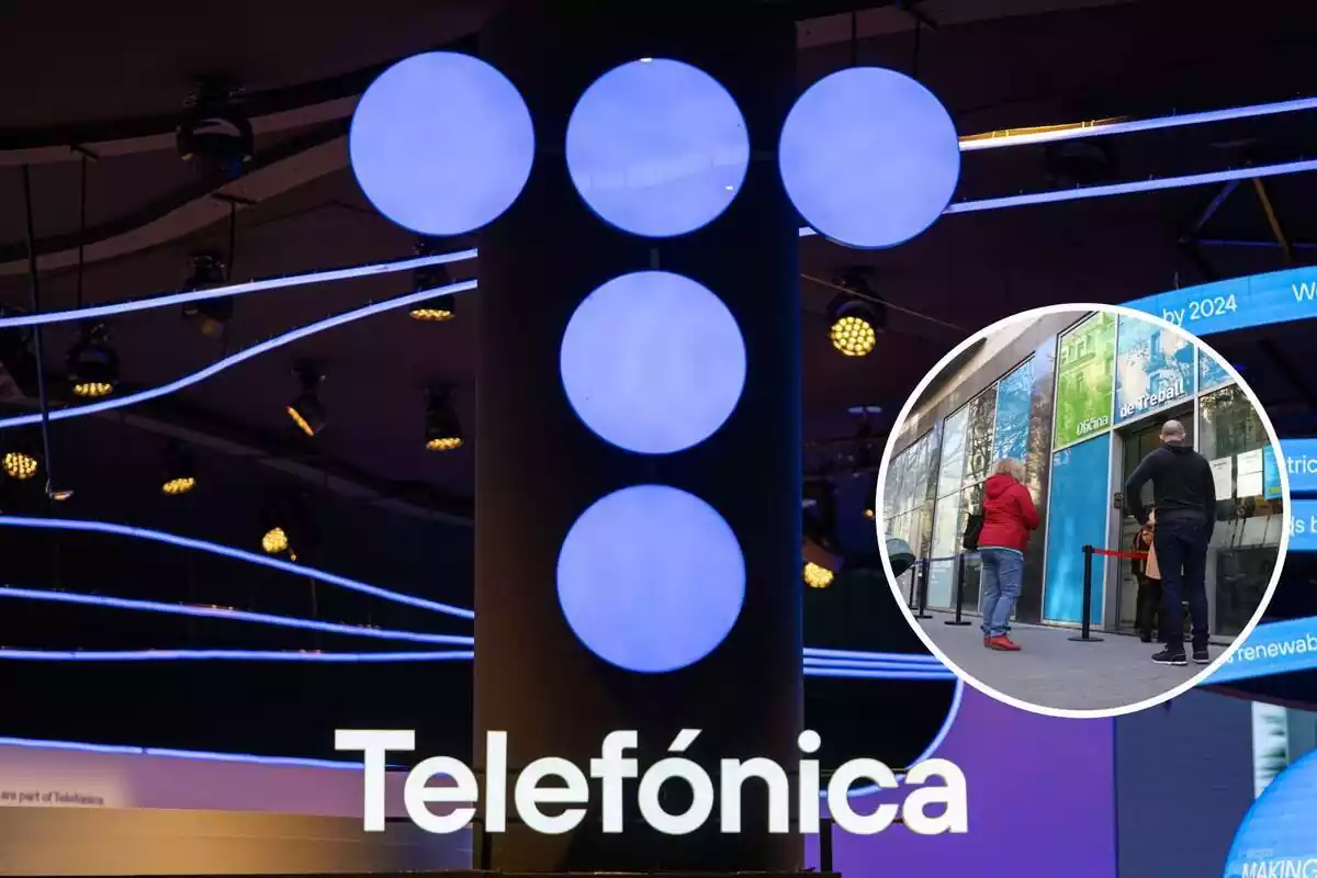 Muntatge amb el logotip de Telefónica en primer terme i una oficina de l'atur en segon
