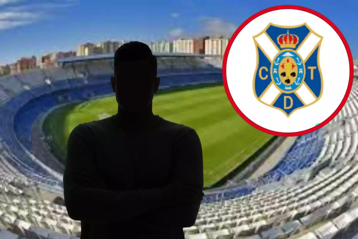 Una persona en silueta davant d?un estadi de futbol amb l?escut del Club Esportiu Tenerife.