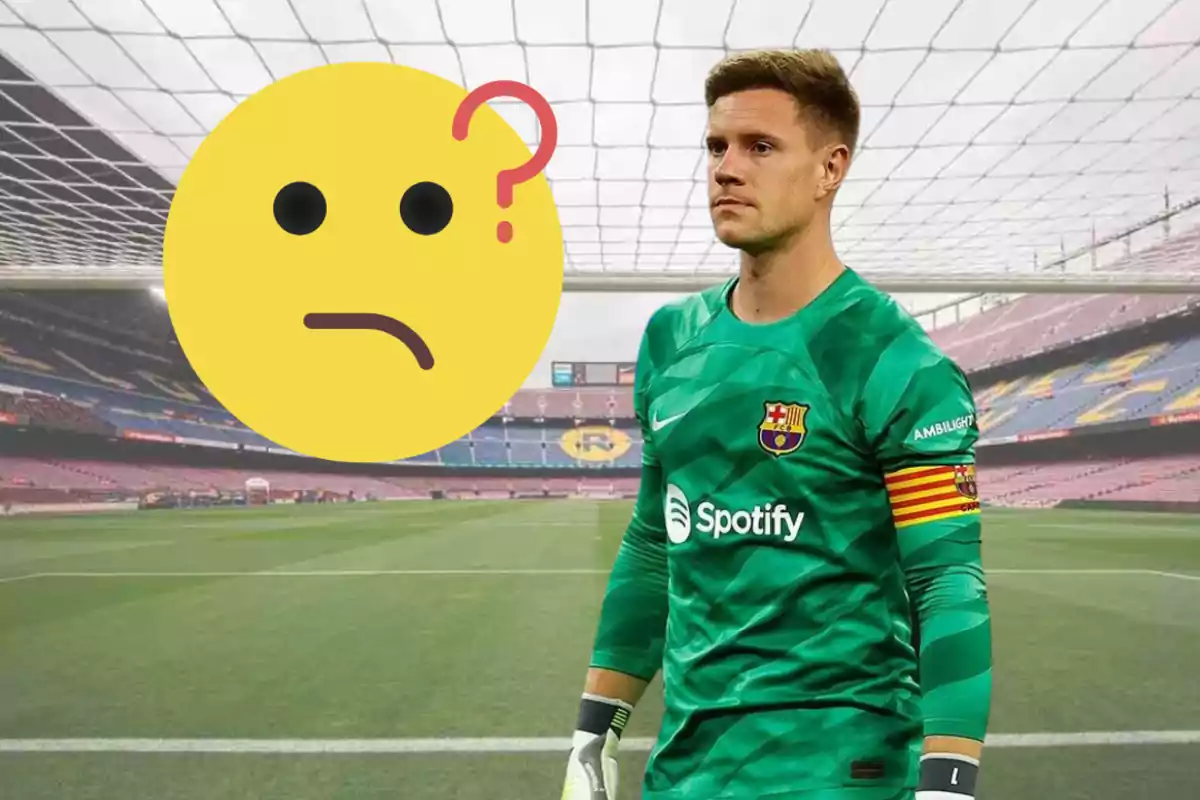 Porter del Barcelona amb gest seriós al camp i un emoji gran de cara confosa al seu costat