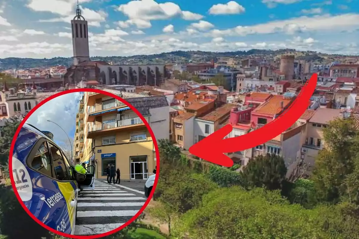 Una vista panoràmica d'una ciutat amb un requadre que mostra una escena urbana amb un cotxe d'emergències i persones al carrer.