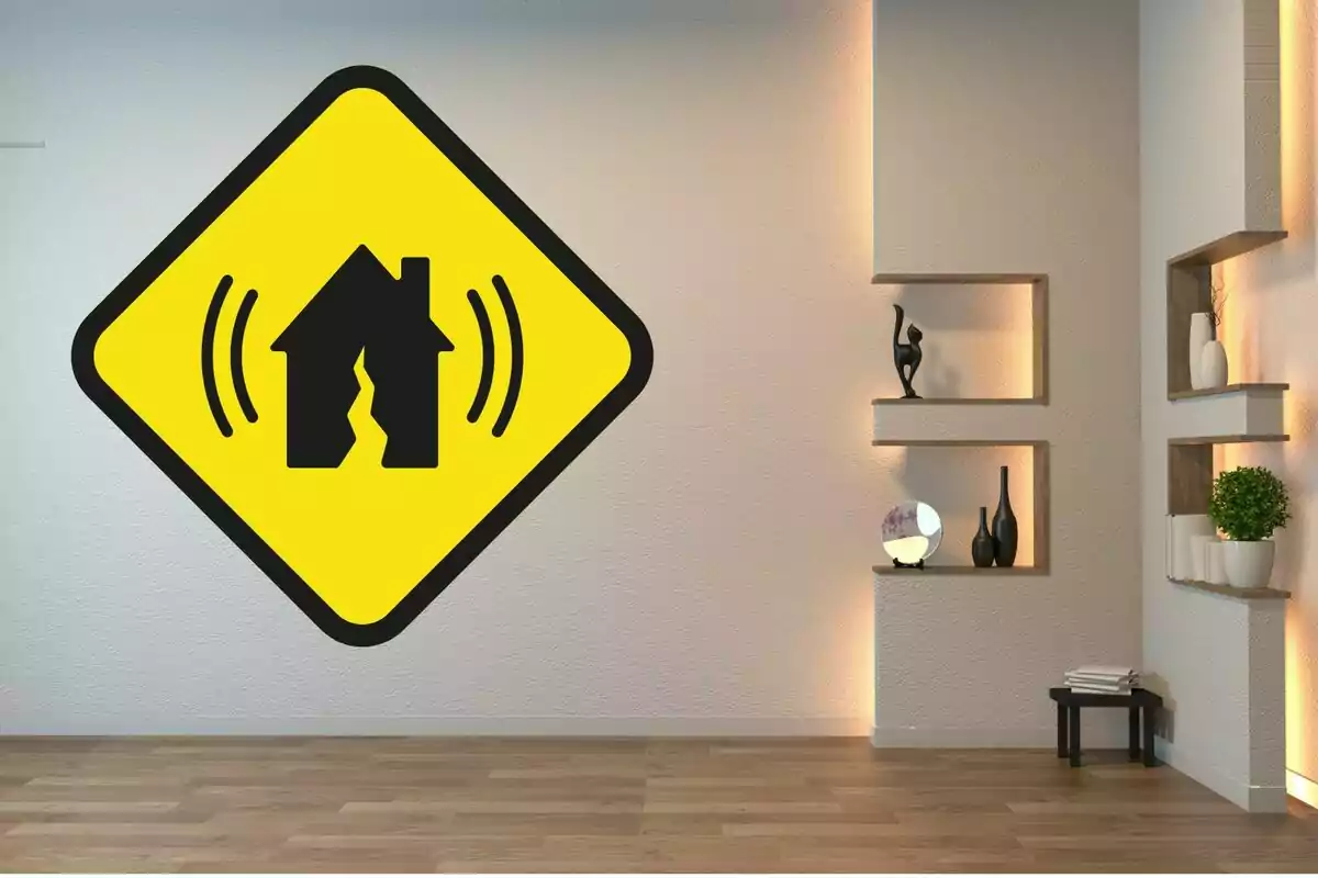 Señal de advertencia de terremoto en una pared de una sala moderna con estantes decorativos.