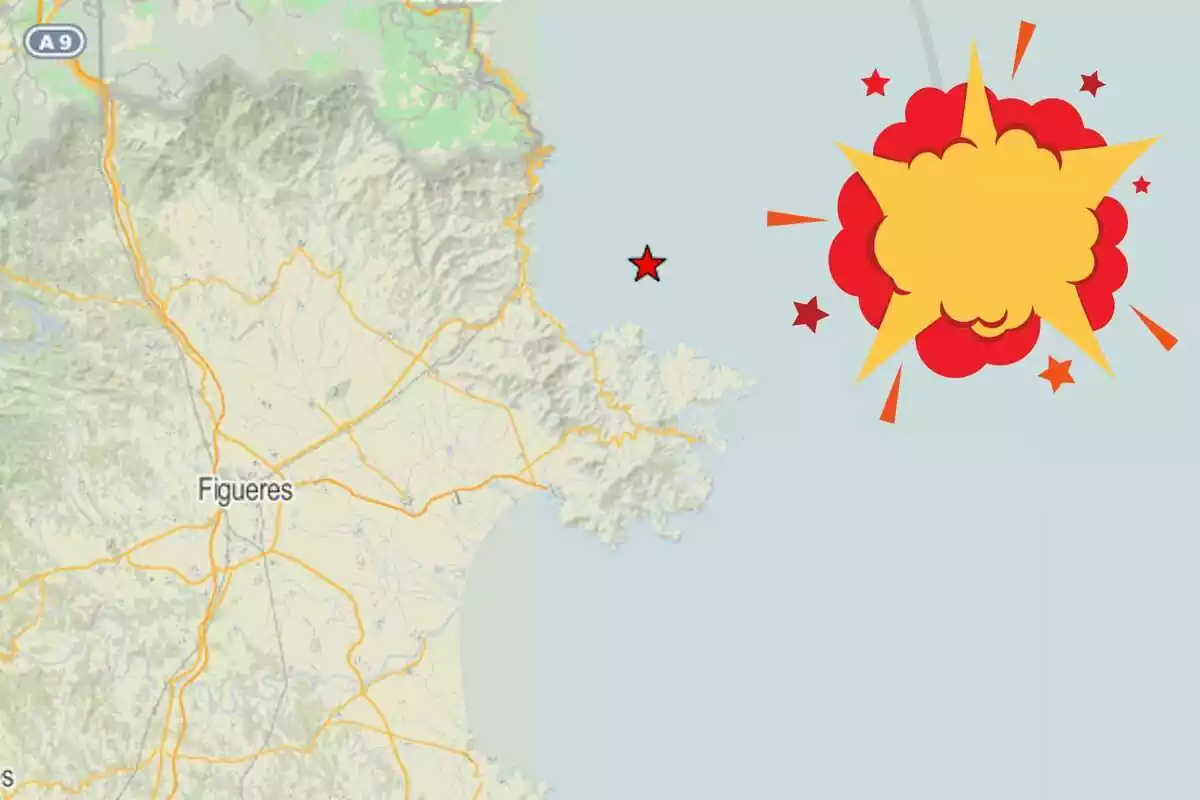 Muntatge amb una imatge d'un mapa de la zona del terratrèmol ia la cantonada superior dreta l'emoticona d'una explosió