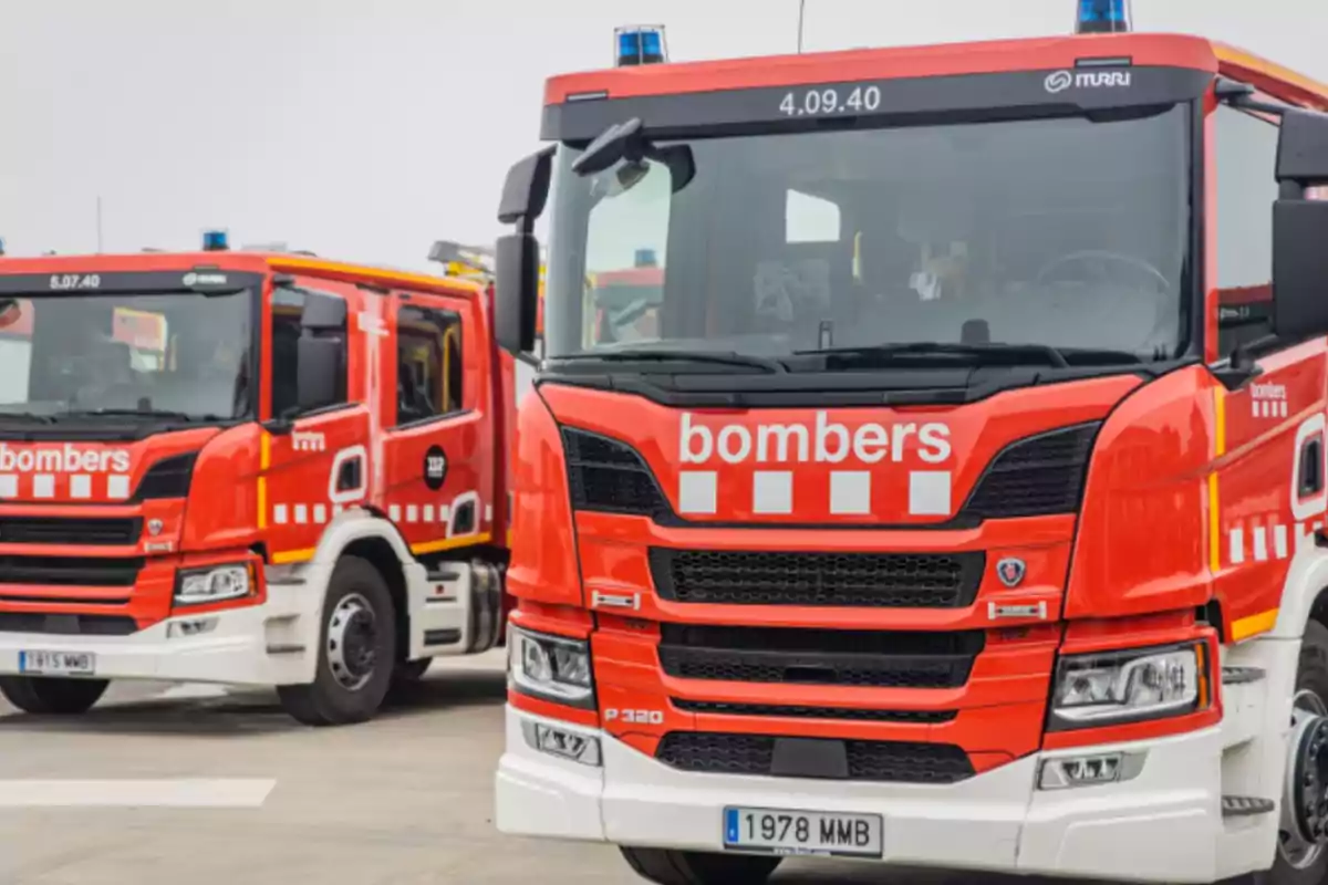 Dos camiones de bomberos rojos estacionados.