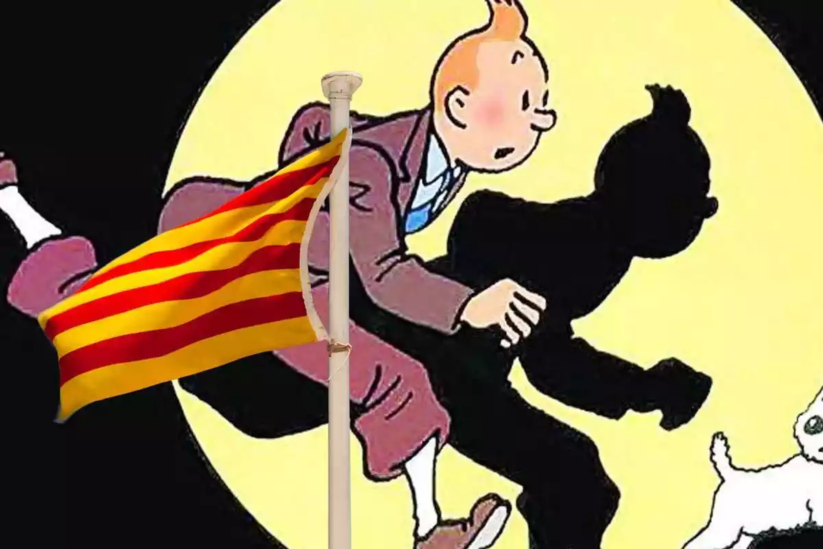 Muntatge amb una imatge de Tintin corrent i una bandera catalana