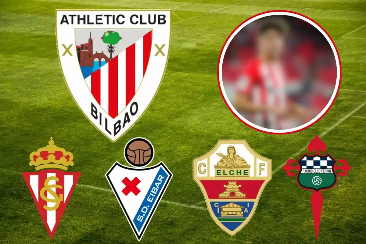 Escuts dels equips de futbol Athletic Club de Bilbao, Sporting de Gijón, SD Eibar, Elx CF i Racing Club de Ferrol sobre un camp de futbol, amb una imatge borrosa d'un jugador a la cantonada superior dreta.