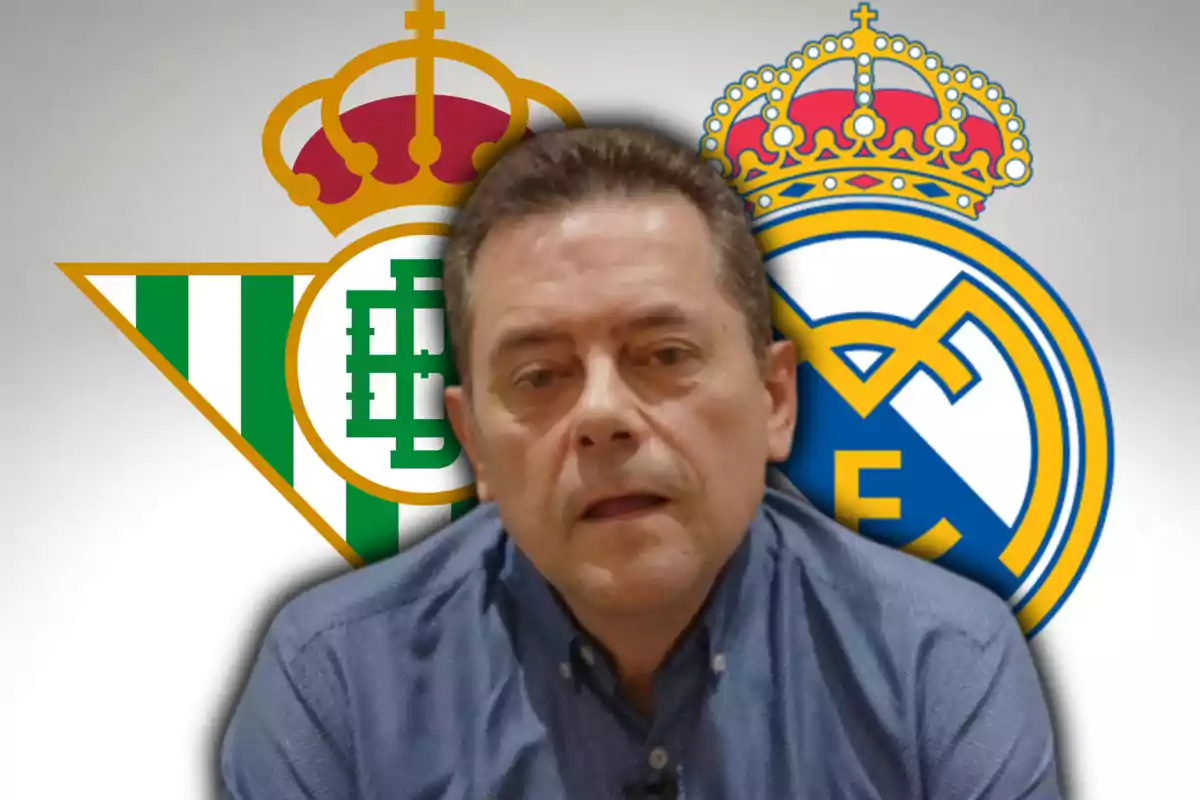 Tomás Roncero i els escuts del Reial Betis i el Reial Madrid.