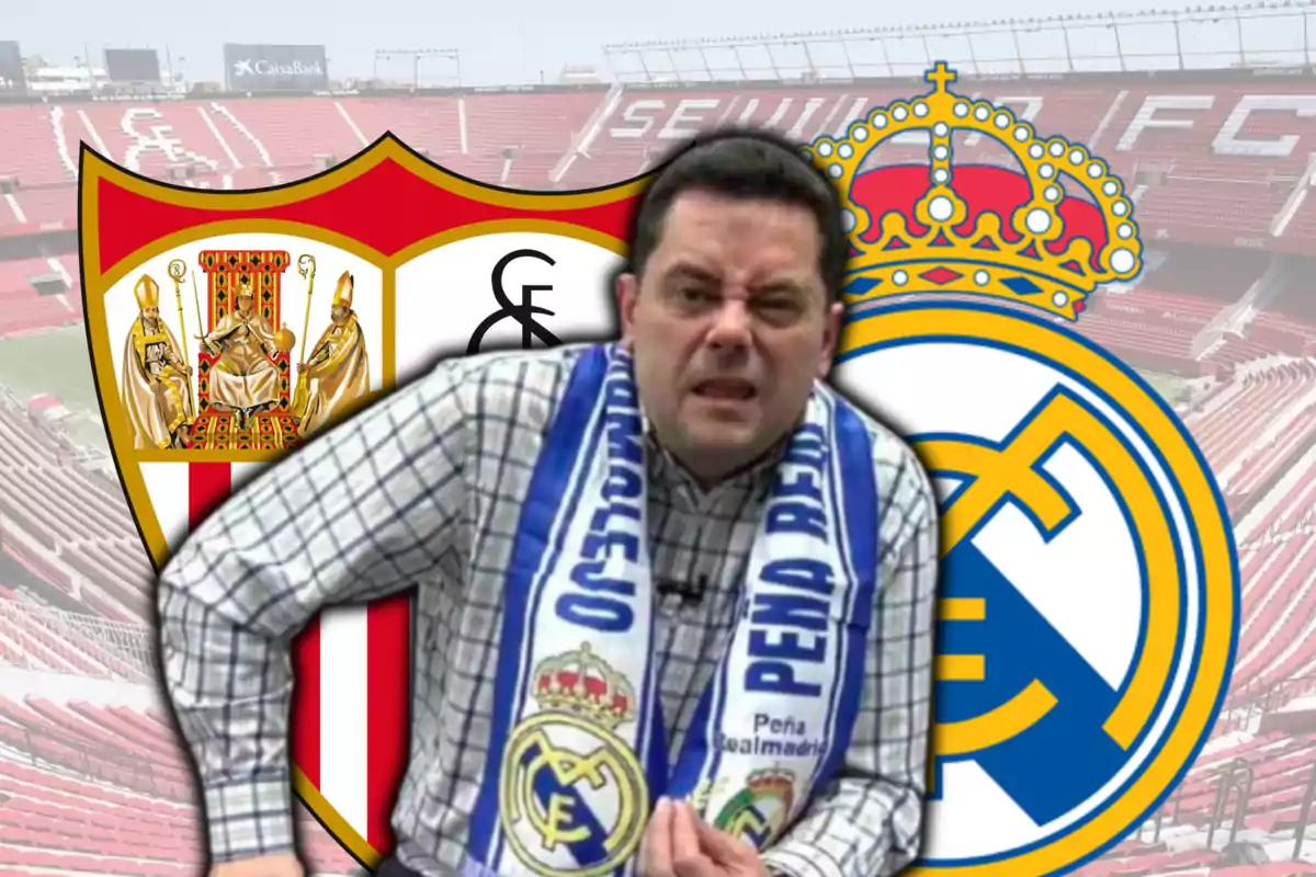 Tomás Roncero i els escuts de Sevilla i de Reial Madrid