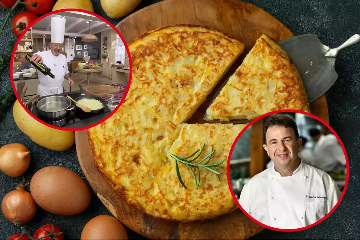 Una tortilla de patatas en un plato de madera, rodeada de ingredientes como huevos, cebollas y tomates, con dos chefs en recuadros circulares, uno cocinando y otro posando.