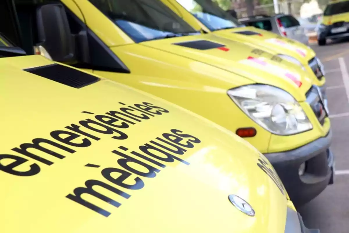 Ambulàncies grogues amb la inscripció "emergències mèdiques" en català estacionades en fila.