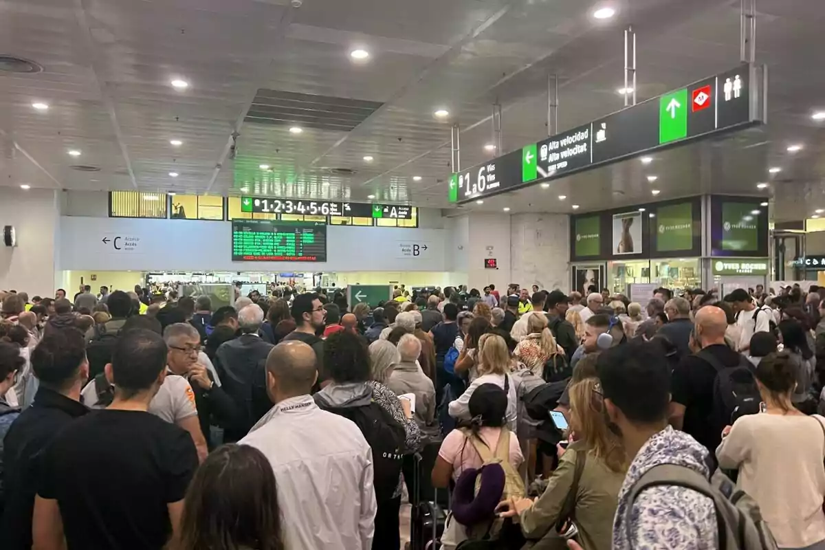 Una multitud de personas se encuentra en una estación de trenes, con señales de dirección y pantallas de información visibles en el techo.