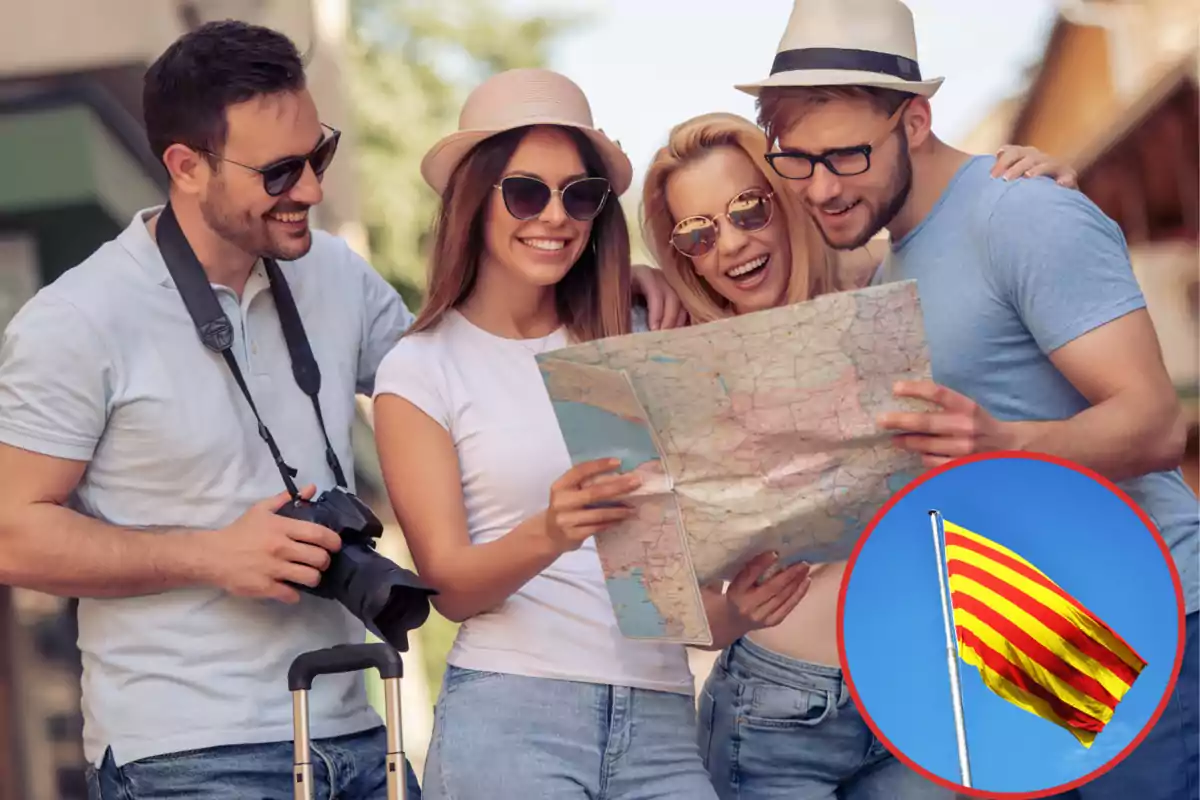 Muntatge amb imatge d'un grup de joves turistes consultant un mapa. A la dreta una imatge amb la bandera de Catalunya