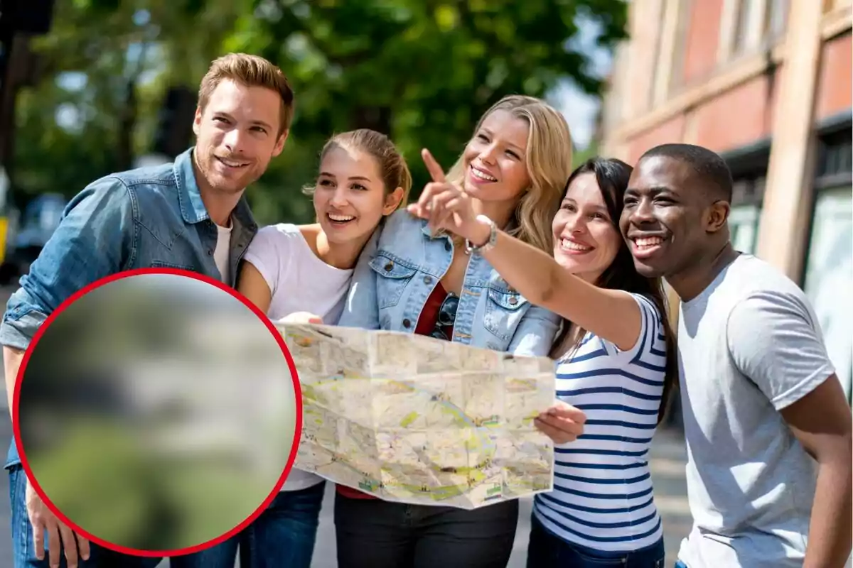 Un grupo de amigos sonrientes consulta un mapa mientras exploran una ciudad en un día soleado.