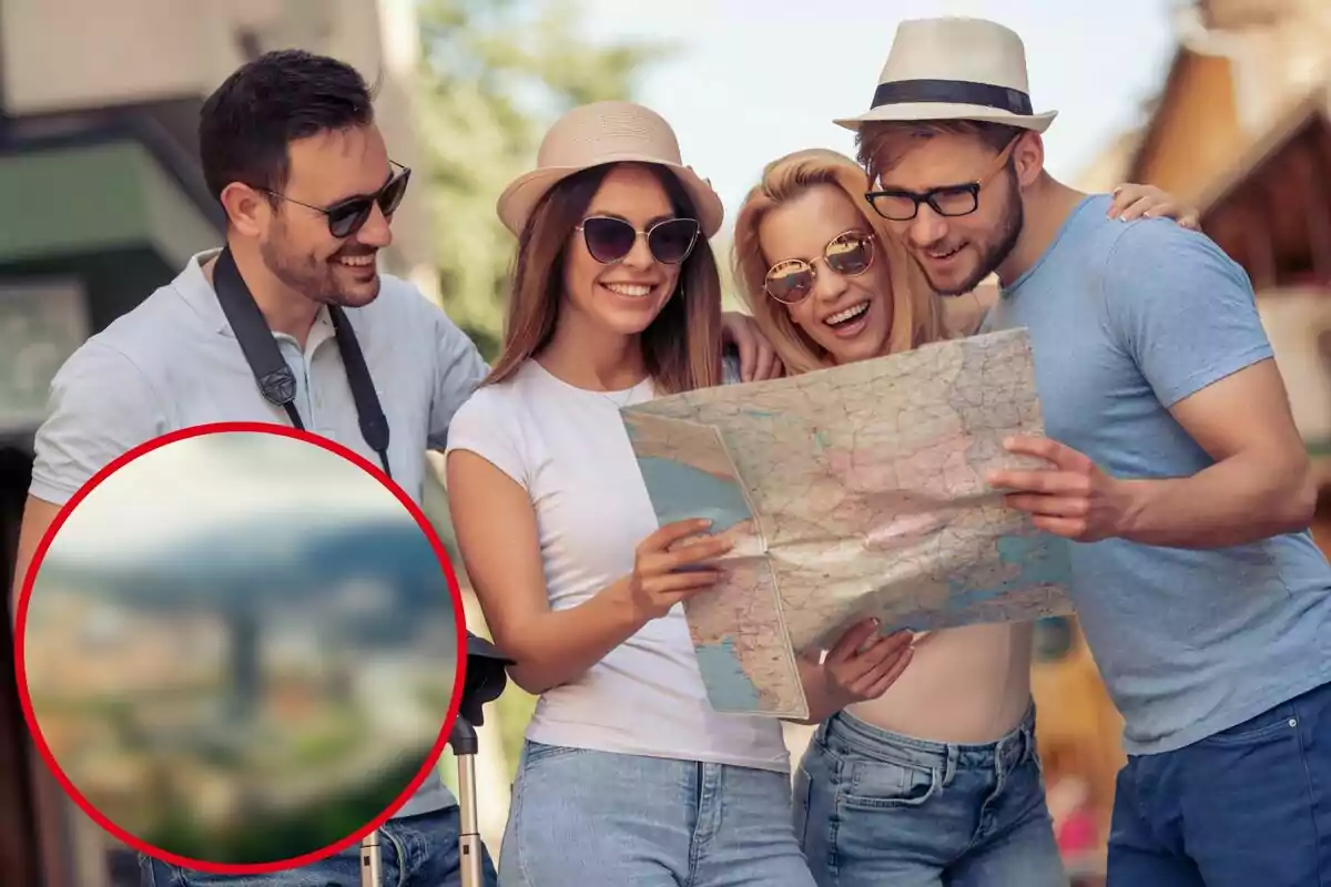 Muntatge amb una imatge de turistes mirant un mapa. A la cantonada inferior esquerra, dins d'un cercle i difuminat, imatge de la ciutat de Bilbao