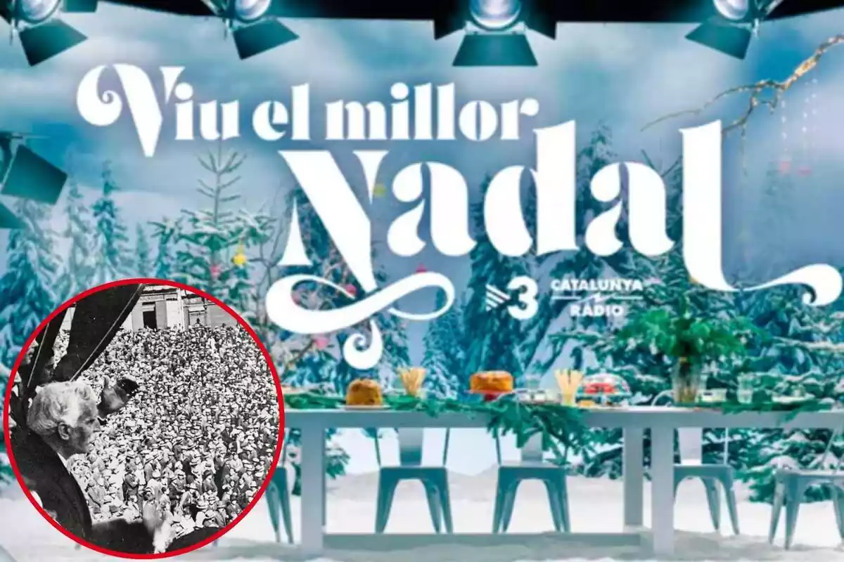 Muntatge amb la imatge promocional del Nadal de TV3 ia la cantonada inferior esquerra, dins d'un cercle, Francesc Macià dirigint-se a una multitud