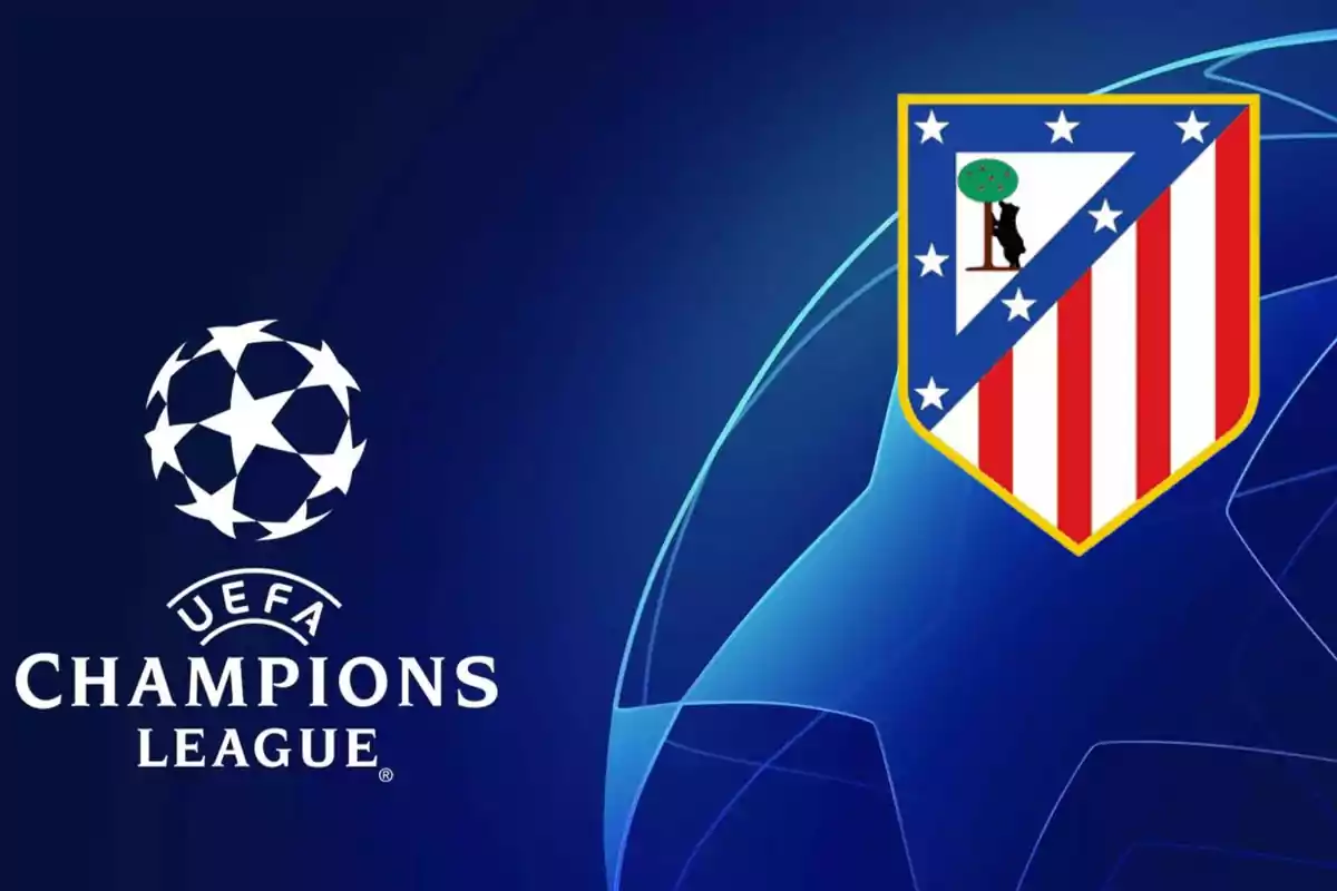 Logotipo de la UEFA Champions League junto al escudo del Atlético de Madrid sobre un fondo azul.