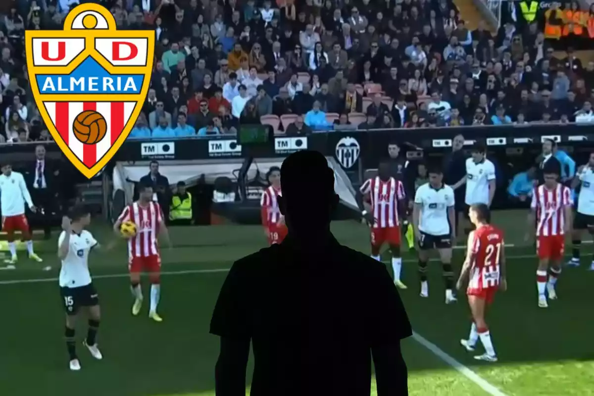 Muntatge amb un partit de la UD Almeria, l'escut del club a dalt a l'esquerra i una ombra negra al centre
